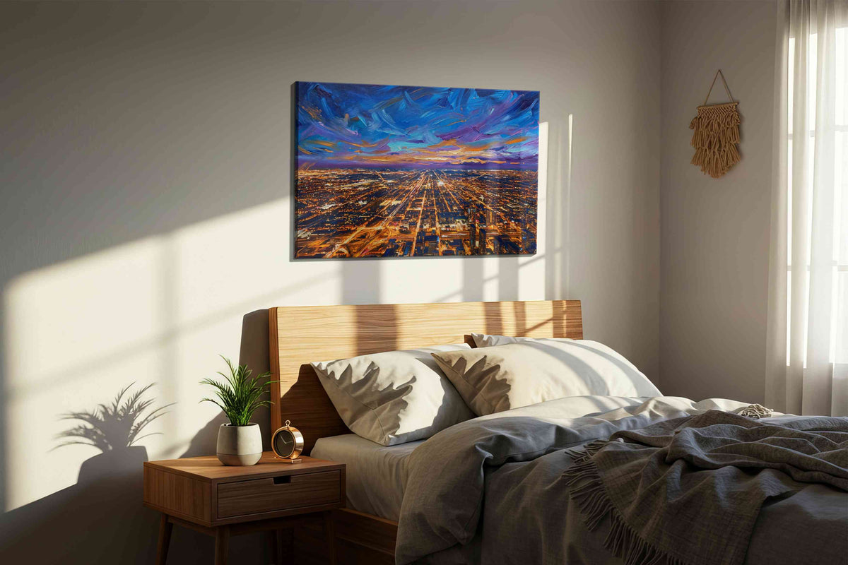 Electric Skyline Symphony urban canvas print, displayed in a bedroom