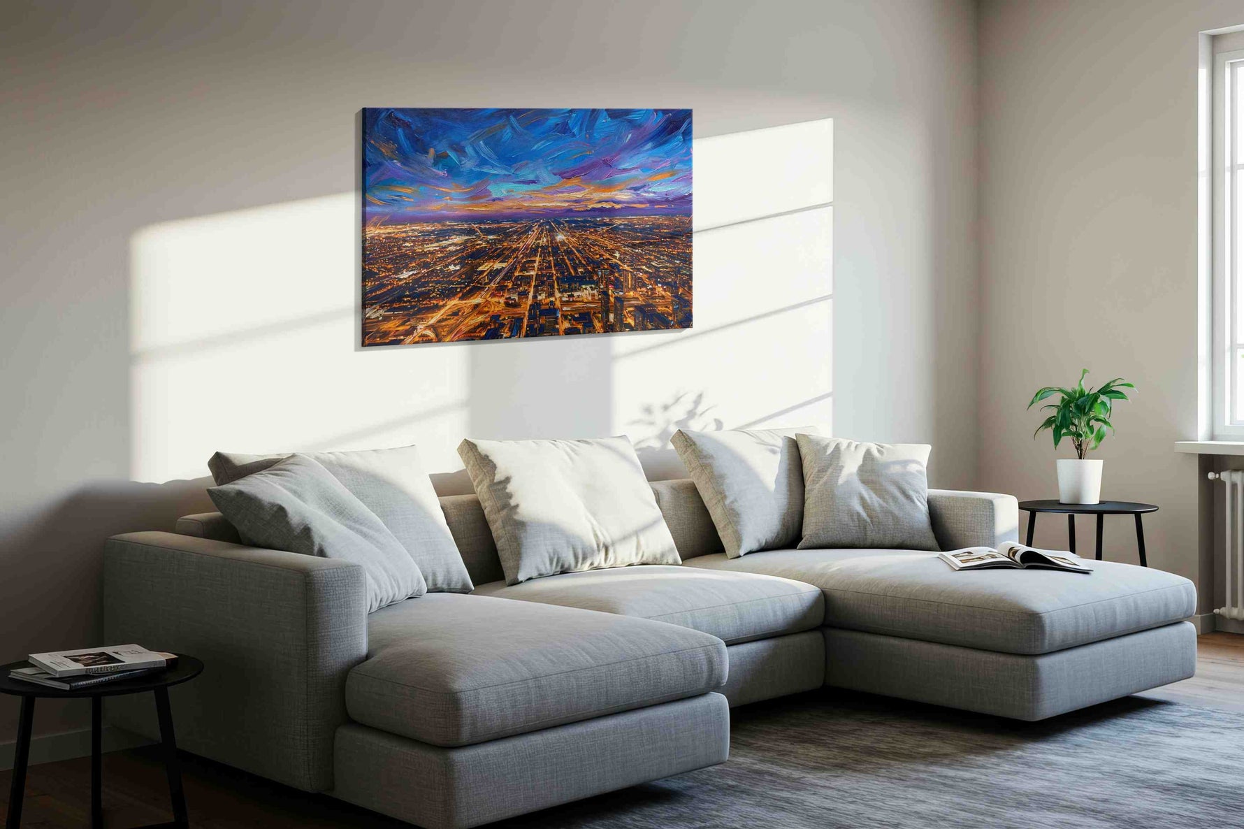 Electric Skyline Symphony urban canvas print in a living room scene