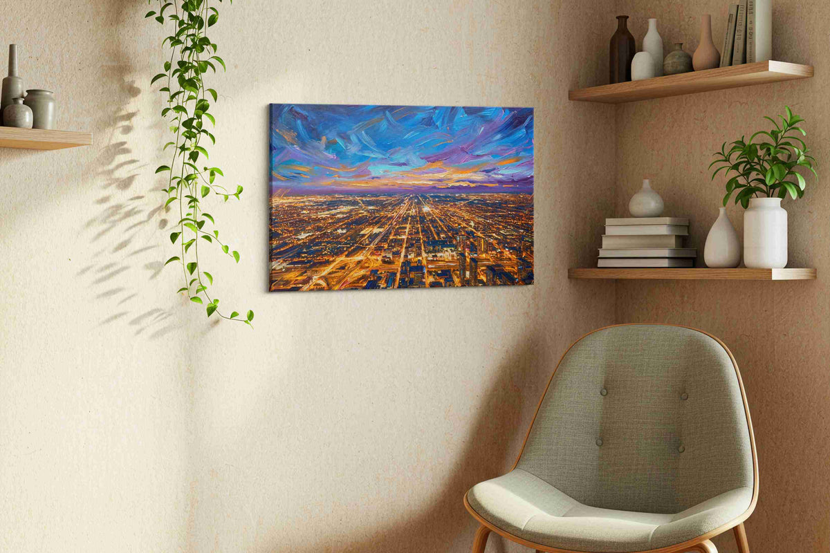 Electric Skyline Symphony urban canvas print, displayed in a living room
