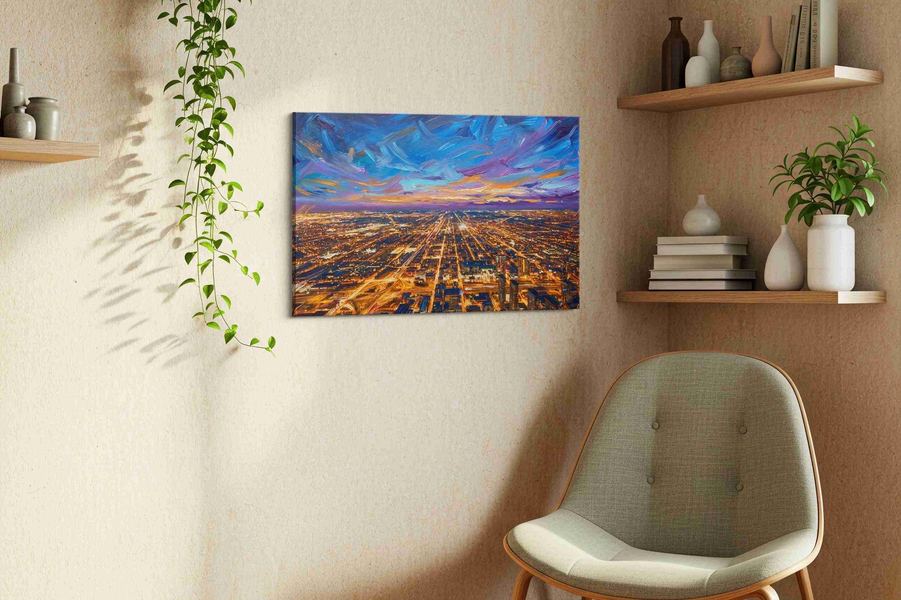Electric Skyline Symphony urban canvas print, displayed in a living room
