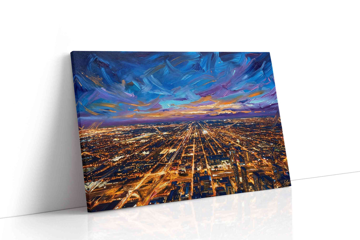 Electric Skyline Symphony urban canvas print gallery-wrapped landscape canvas studio shot