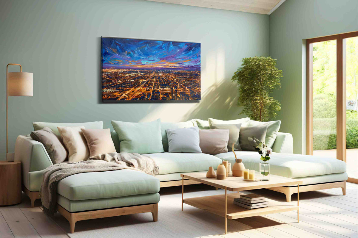 Electric Skyline Symphony urban canvas print, hanging on wall