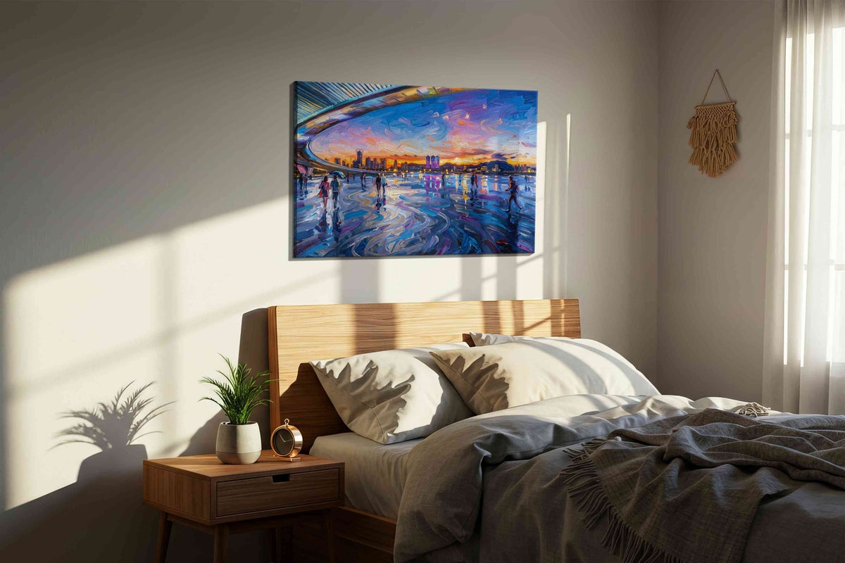 Luminous Twilight Stroll urban canvas print, displayed in a bedroom