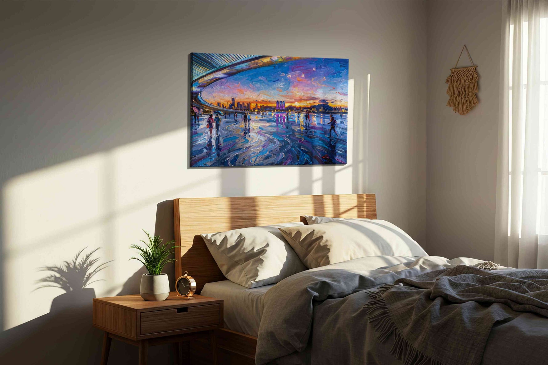 Luminous Twilight Stroll urban canvas print, displayed in a bedroom