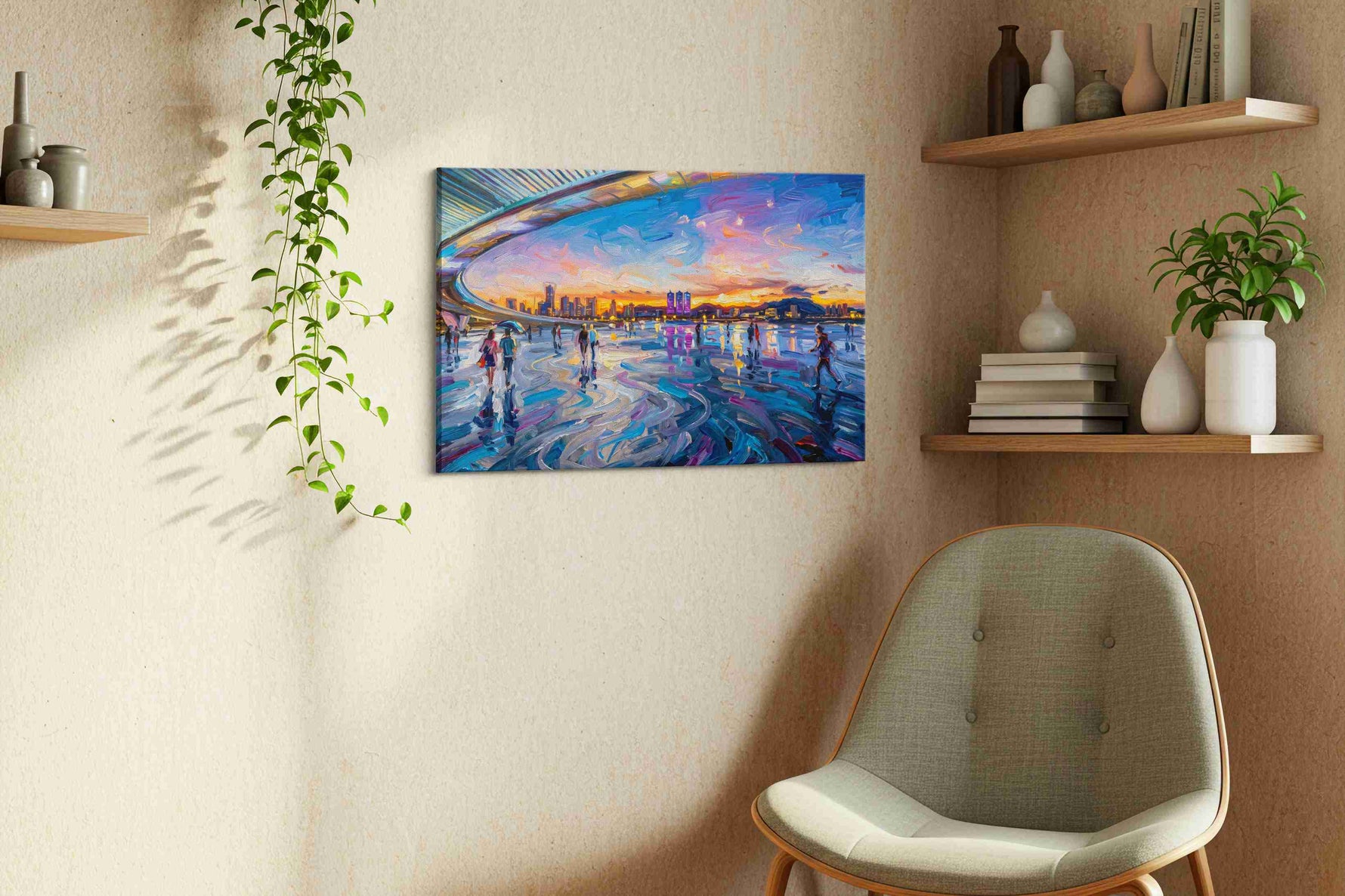 Luminous Twilight Stroll urban canvas print styled in a living room