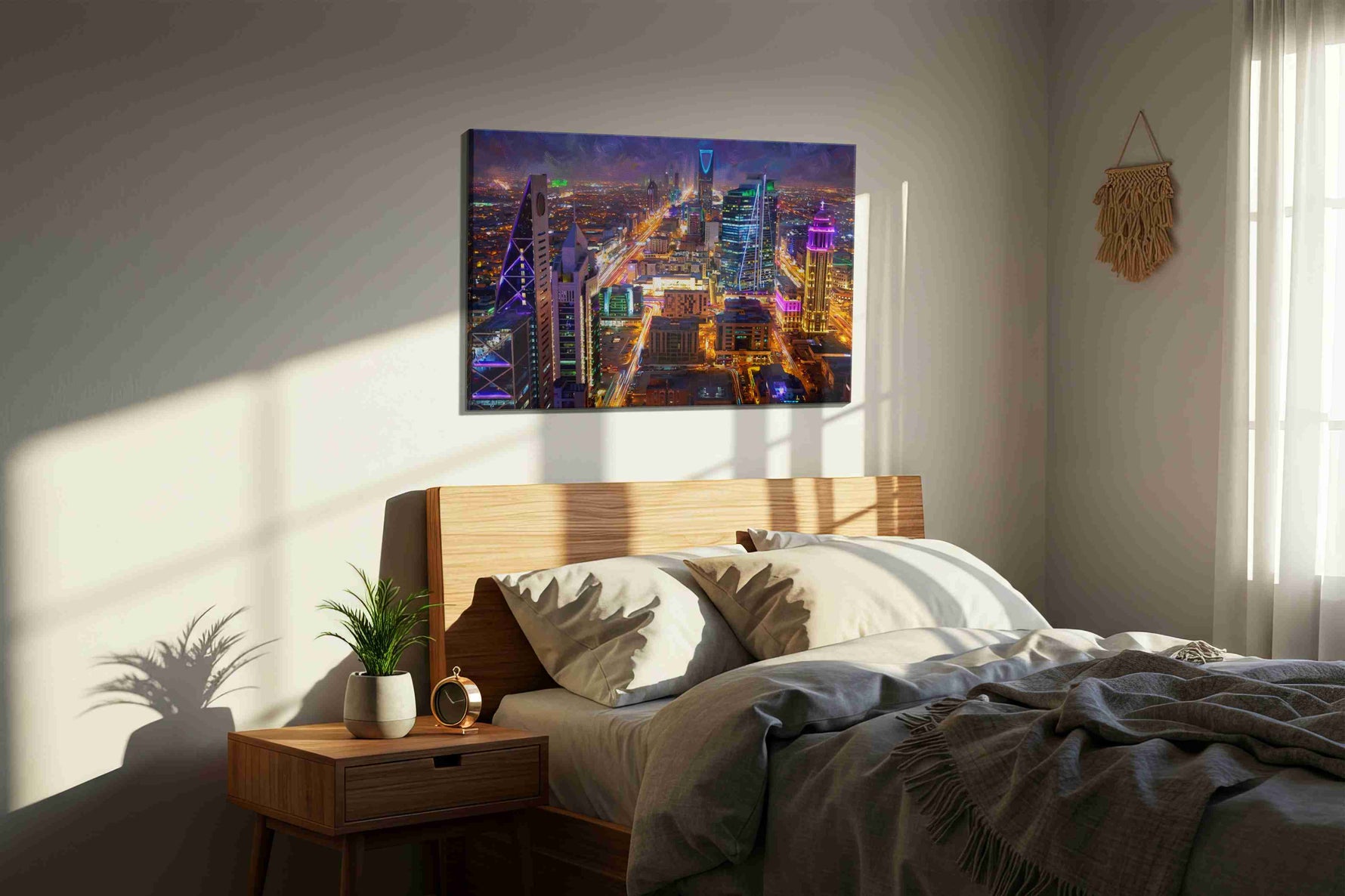 Neon Dreams of Riyadh urban canvas print, displayed in a bedroom