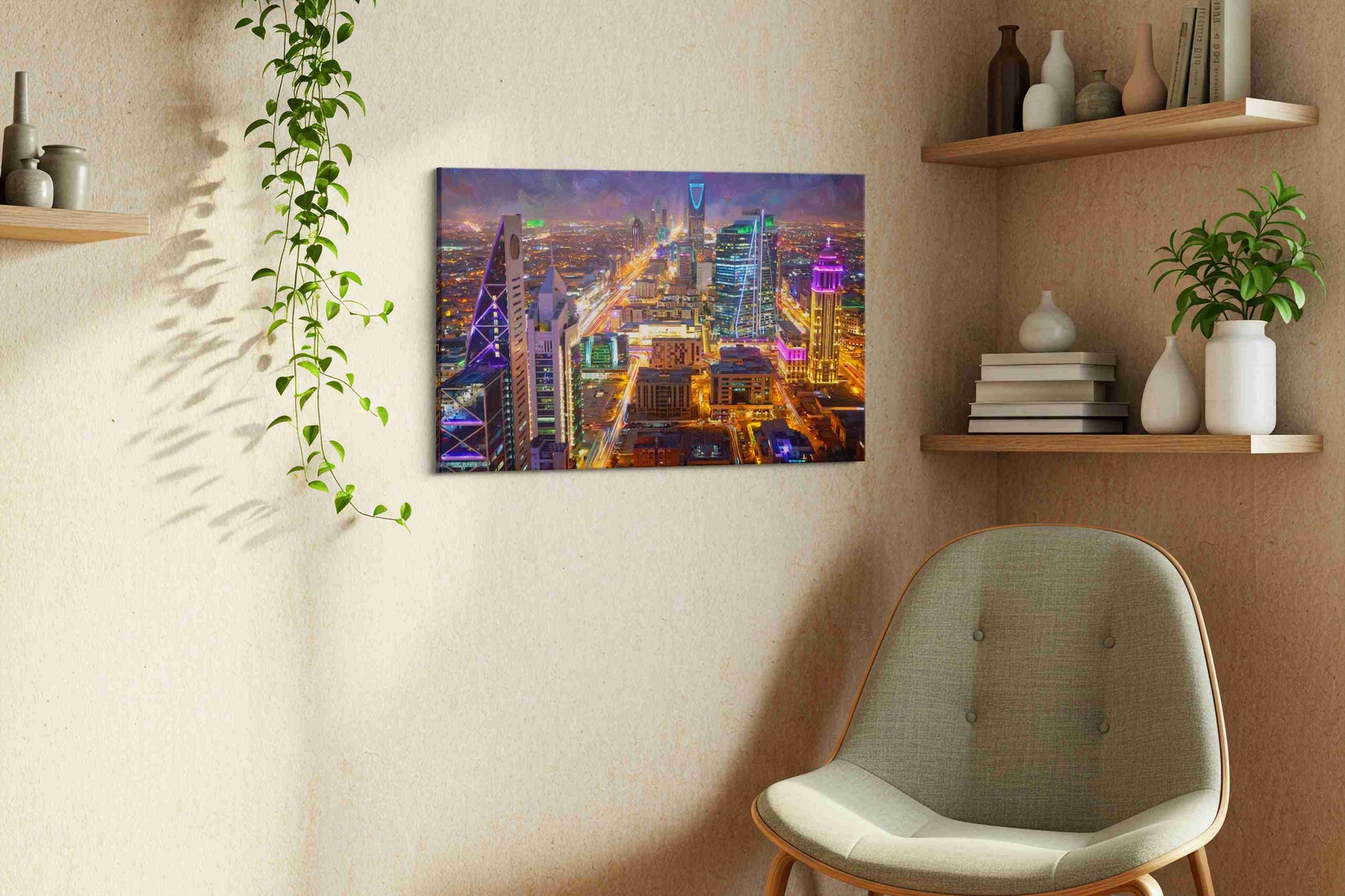 Neon Dreams of Riyadh urban canvas print, displayed in a living room