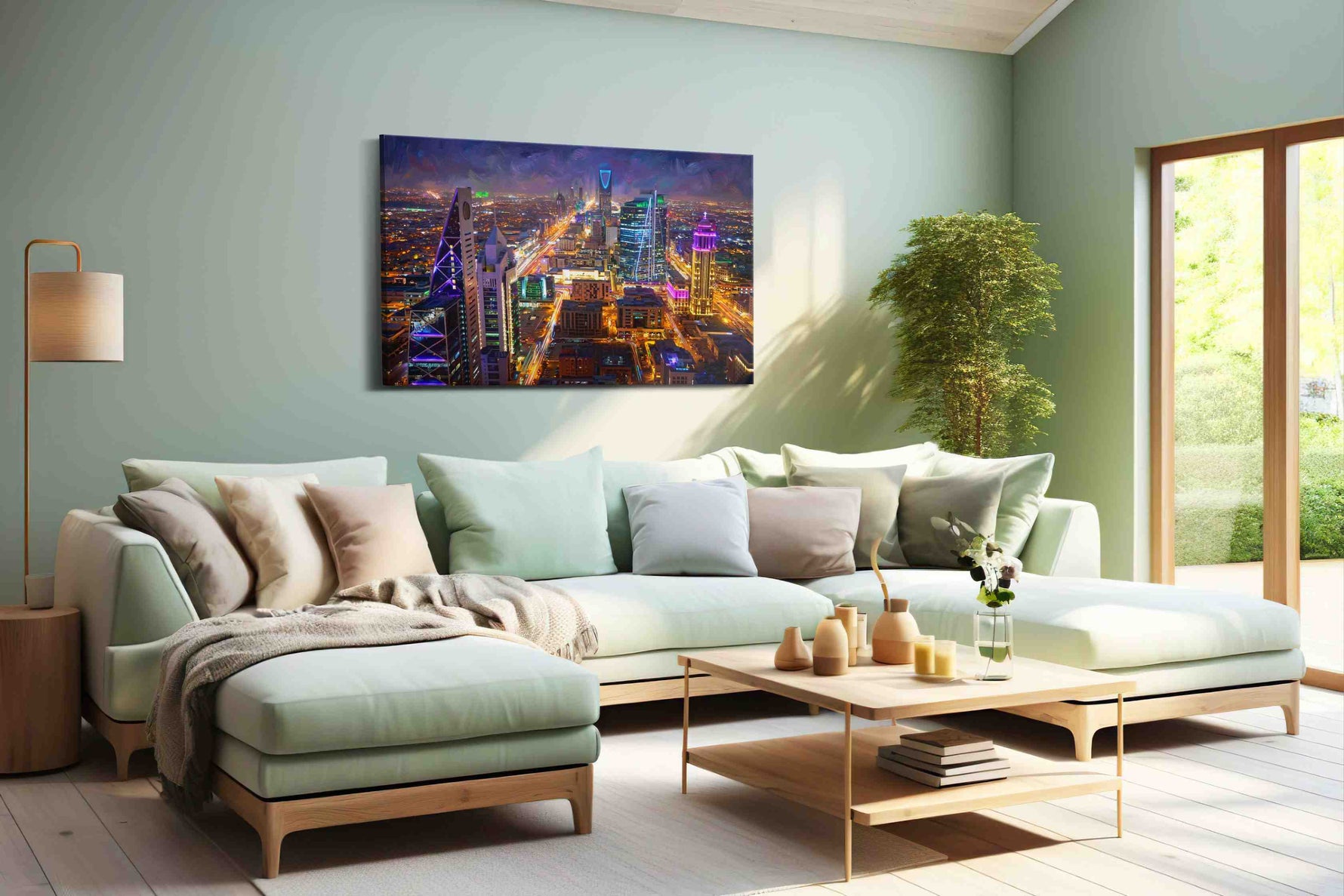 Neon Dreams of Riyadh urban canvas print, hanging on wall