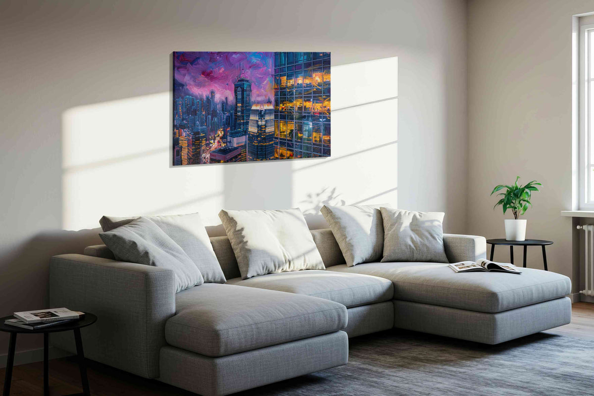 Neon Dreams of the Skyline urban canvas print styled in a living room