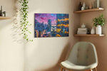 Neon Dreams of the Skyline urban canvas print, displayed in a living room