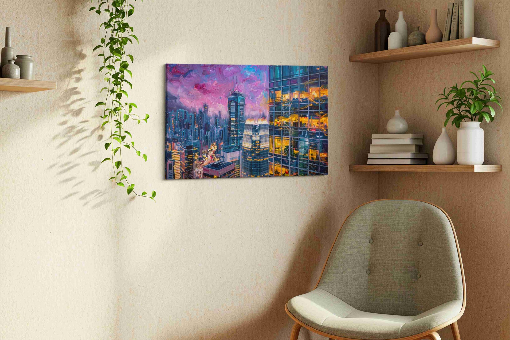 Neon Dreams of the Skyline urban canvas print, displayed in a living room
