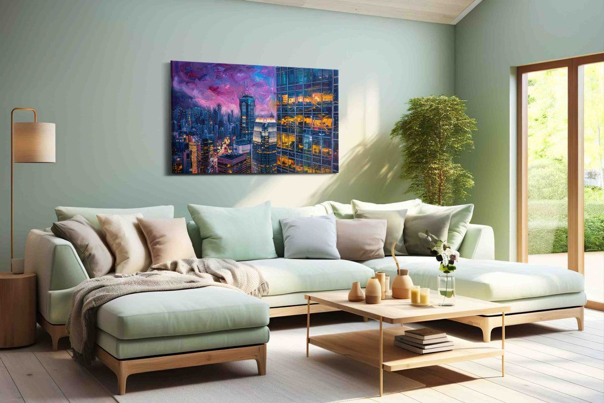 Neon Dreams of the Skyline urban canvas print shown in a wall scene