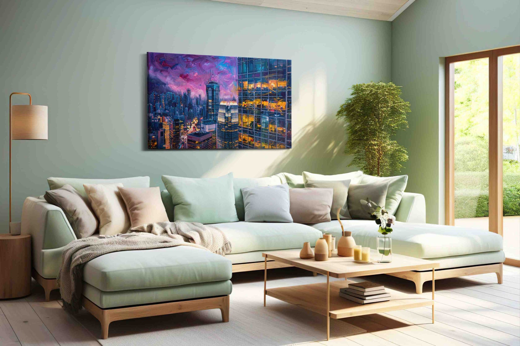 Neon Dreams of the Skyline urban canvas print shown in a wall scene