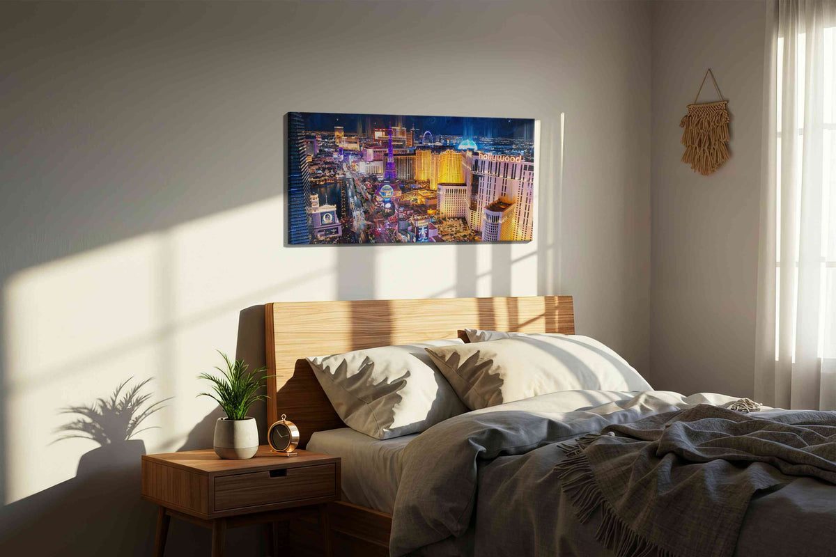 Neon Dreams of the Strip urban canvas print, displayed in a bedroom
