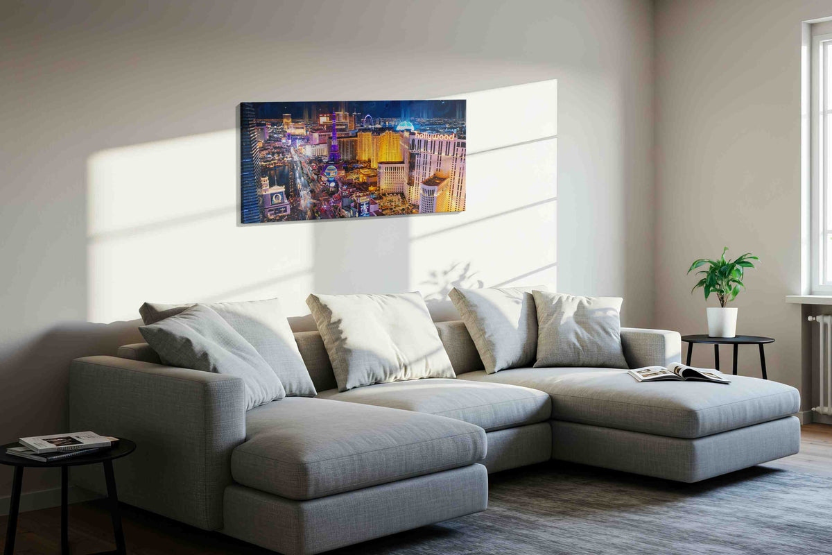 Neon Dreams of the Strip urban canvas print, displayed in a living room