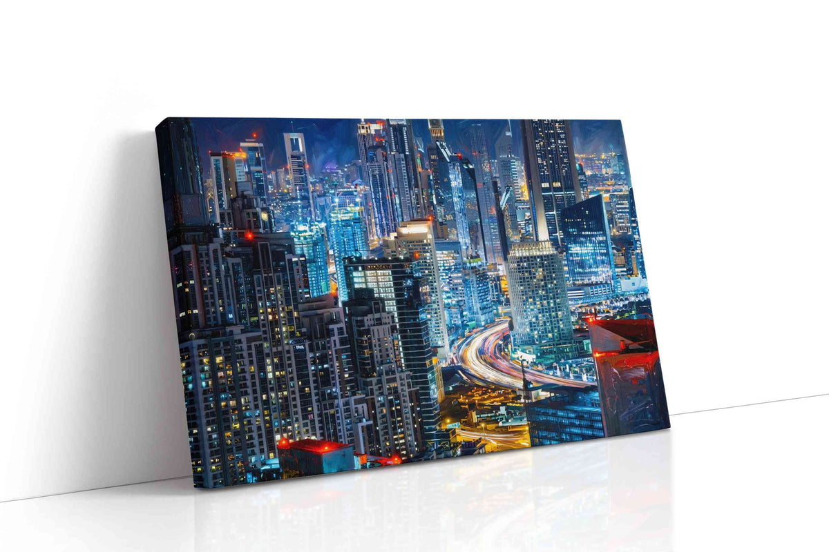 Neon Metropolis Dreamscape urban canvas print, gallery-wrapped, ready to hang
