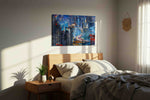 Neon Metropolis Dreamscape urban canvas print, displayed in a bedroom