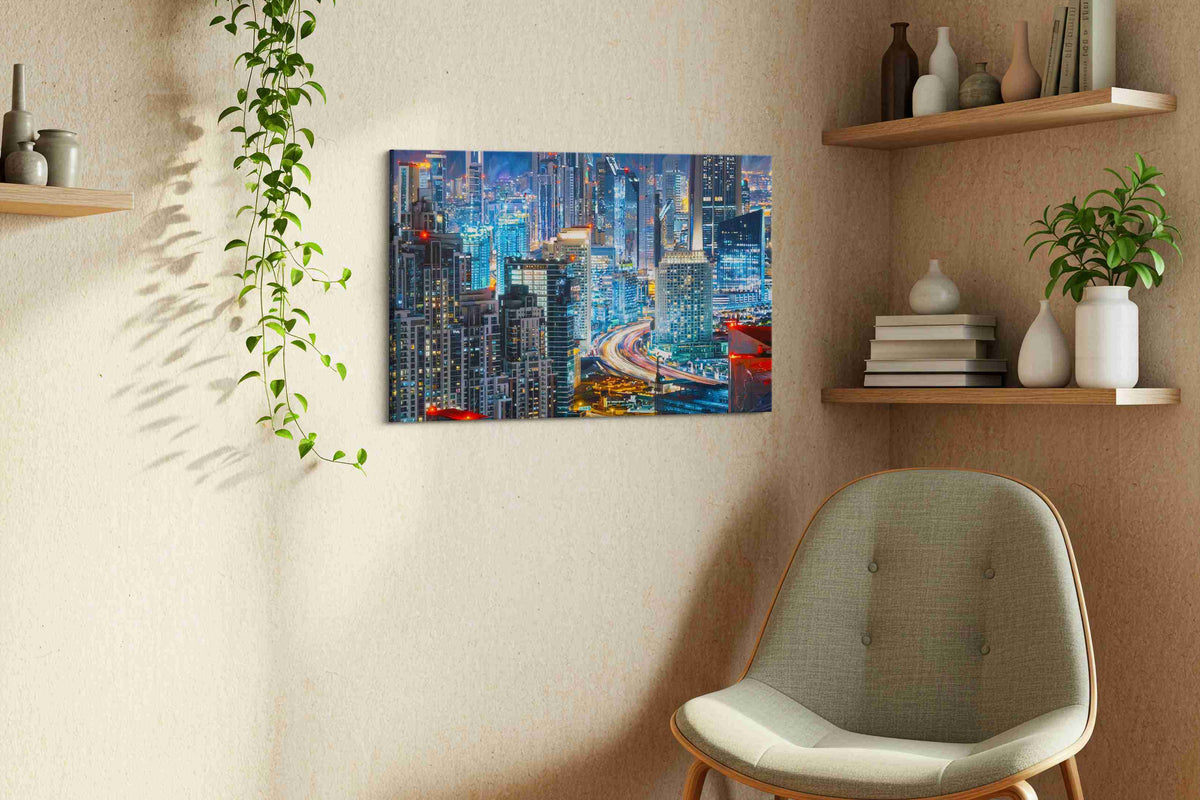 Neon Metropolis Dreamscape urban canvas print, displayed in a living room