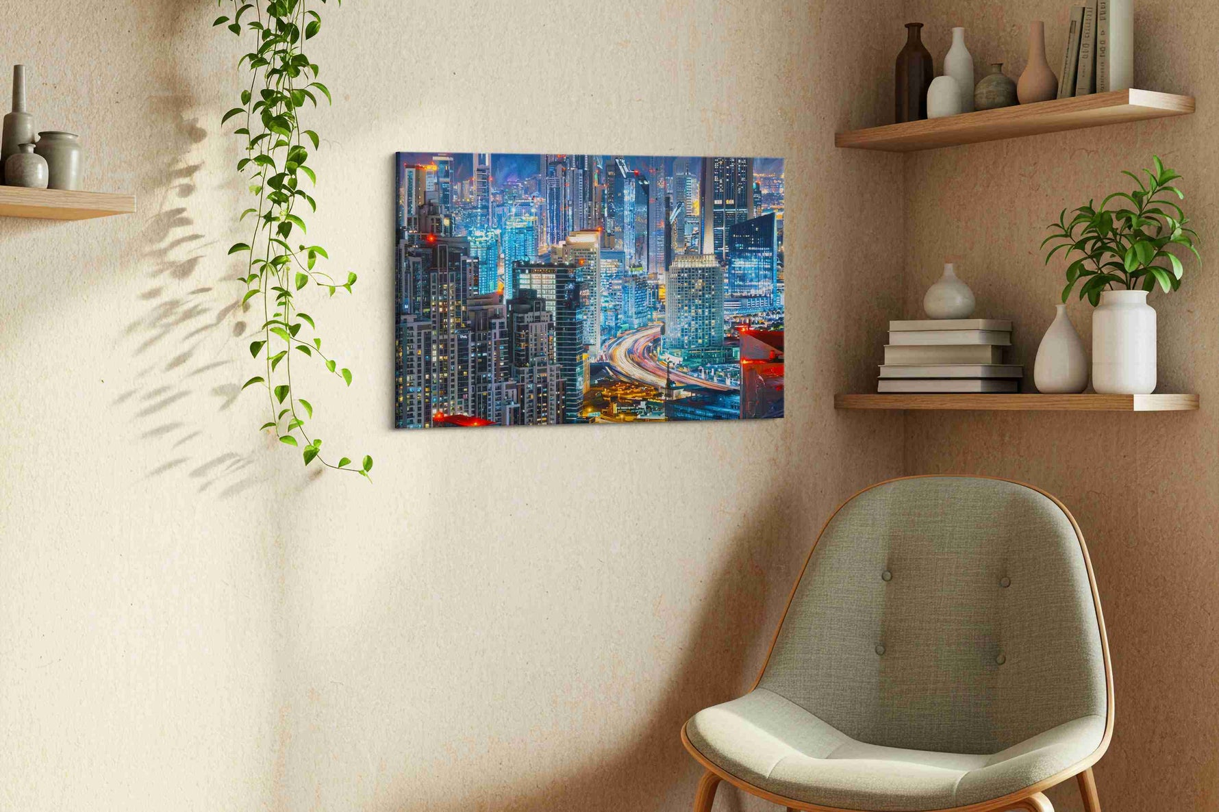 Neon Metropolis Dreamscape urban canvas print, displayed in a living room