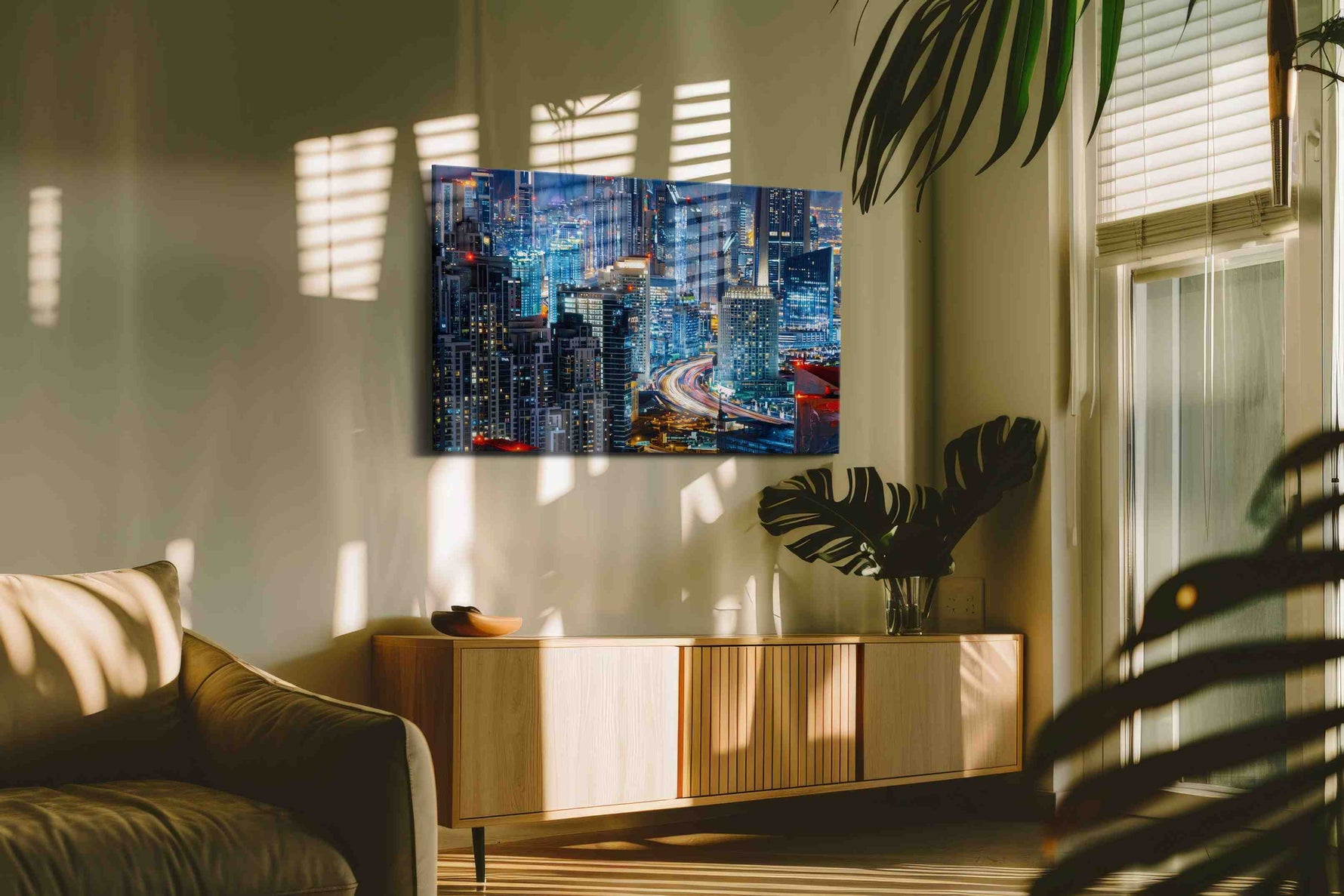 Neon Metropolis Dreamscape urban canvas print, hanging on wall