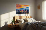 Neon Serenade at Dusk urban canvas print, displayed in a bedroom