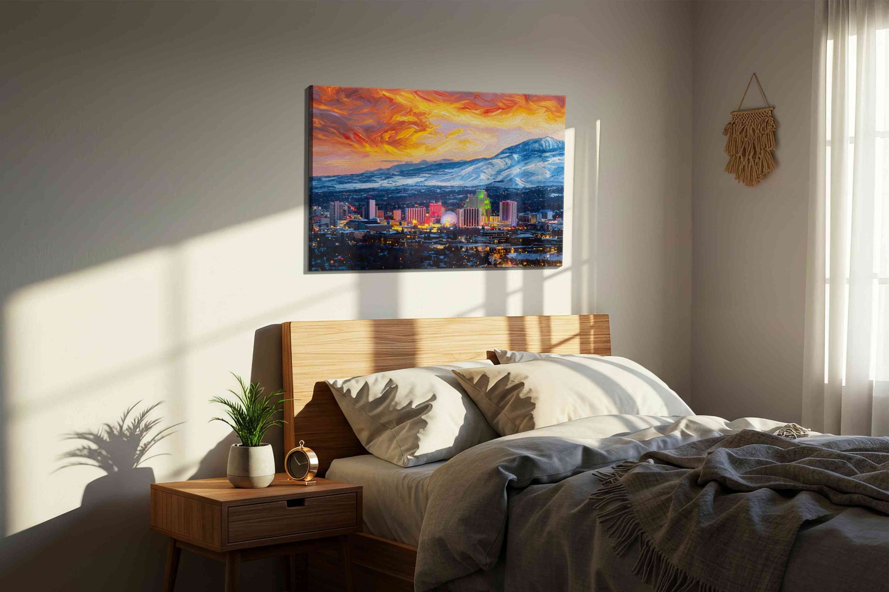 Neon Serenade at Dusk urban canvas print, displayed in a bedroom