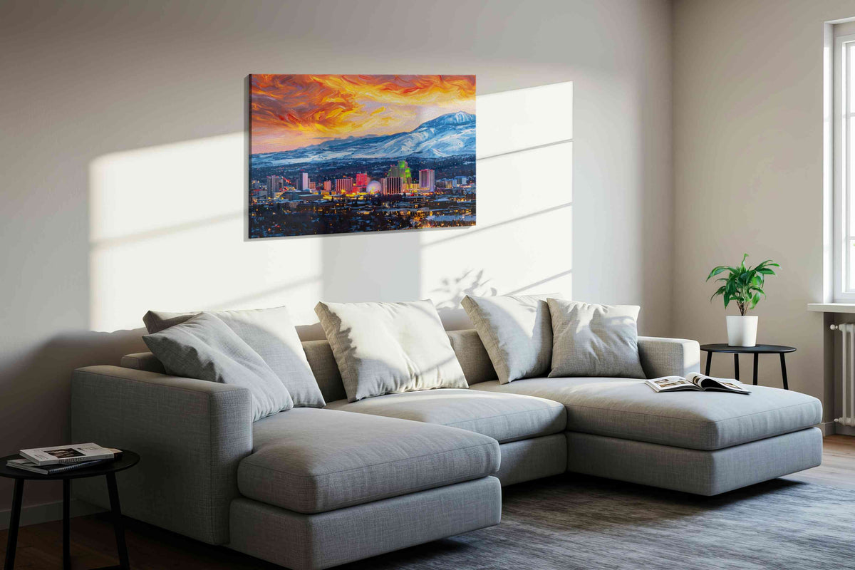 Neon Serenade at Dusk urban canvas print in a living room scene