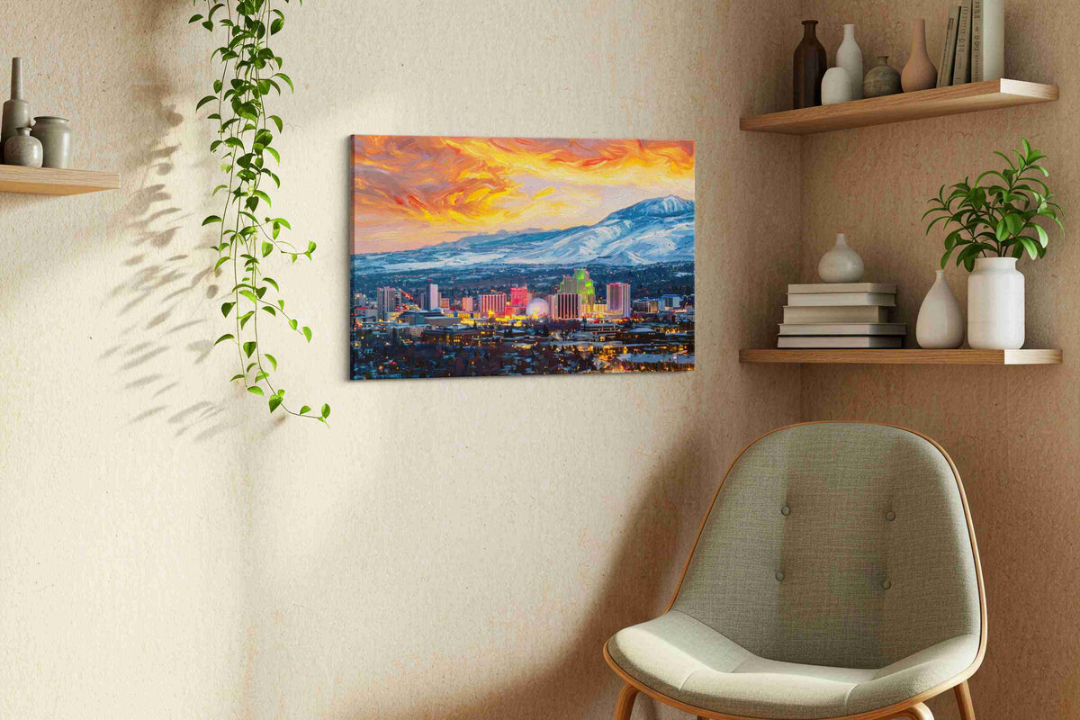 Neon Serenade at Dusk urban canvas print, displayed in a living room