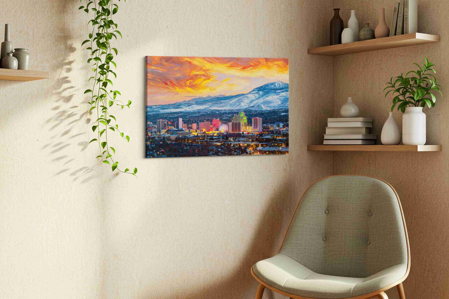 Neon Serenade at Dusk urban canvas print, displayed in a living room