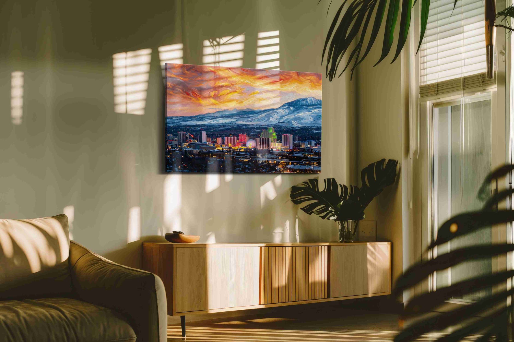 Neon Serenade at Dusk urban canvas print in a contemporary interior mockup