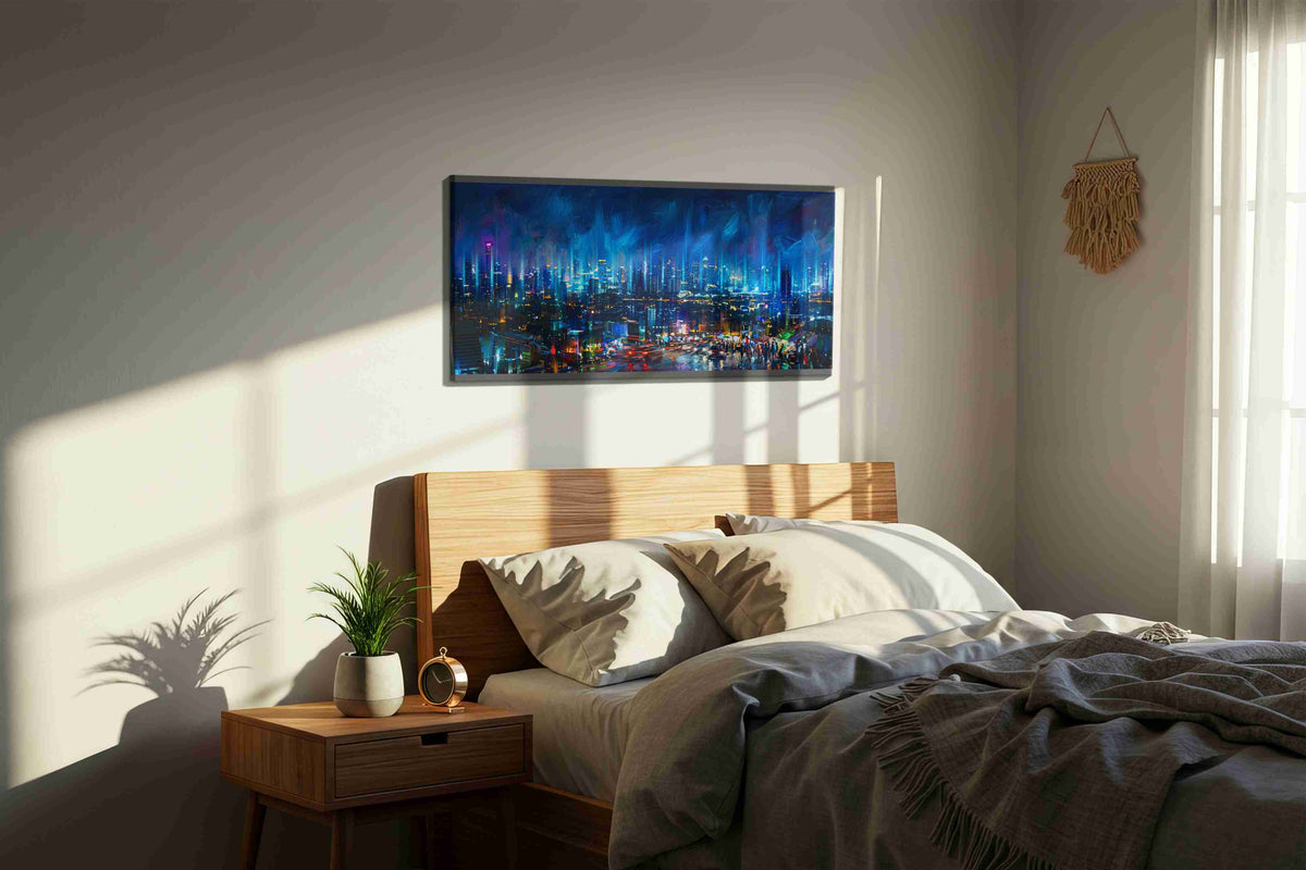 Neon Symphony Skyline urban canvas print, displayed in a bedroom