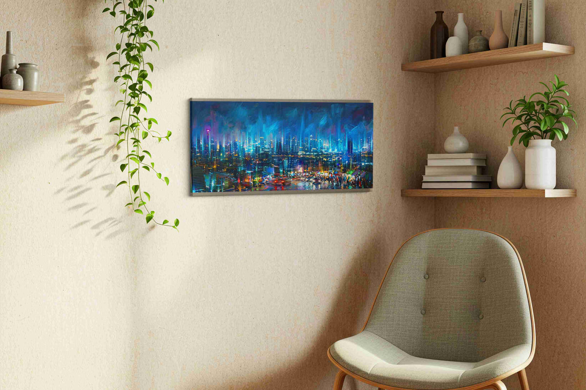 Neon Symphony Skyline urban canvas print, displayed in a living room