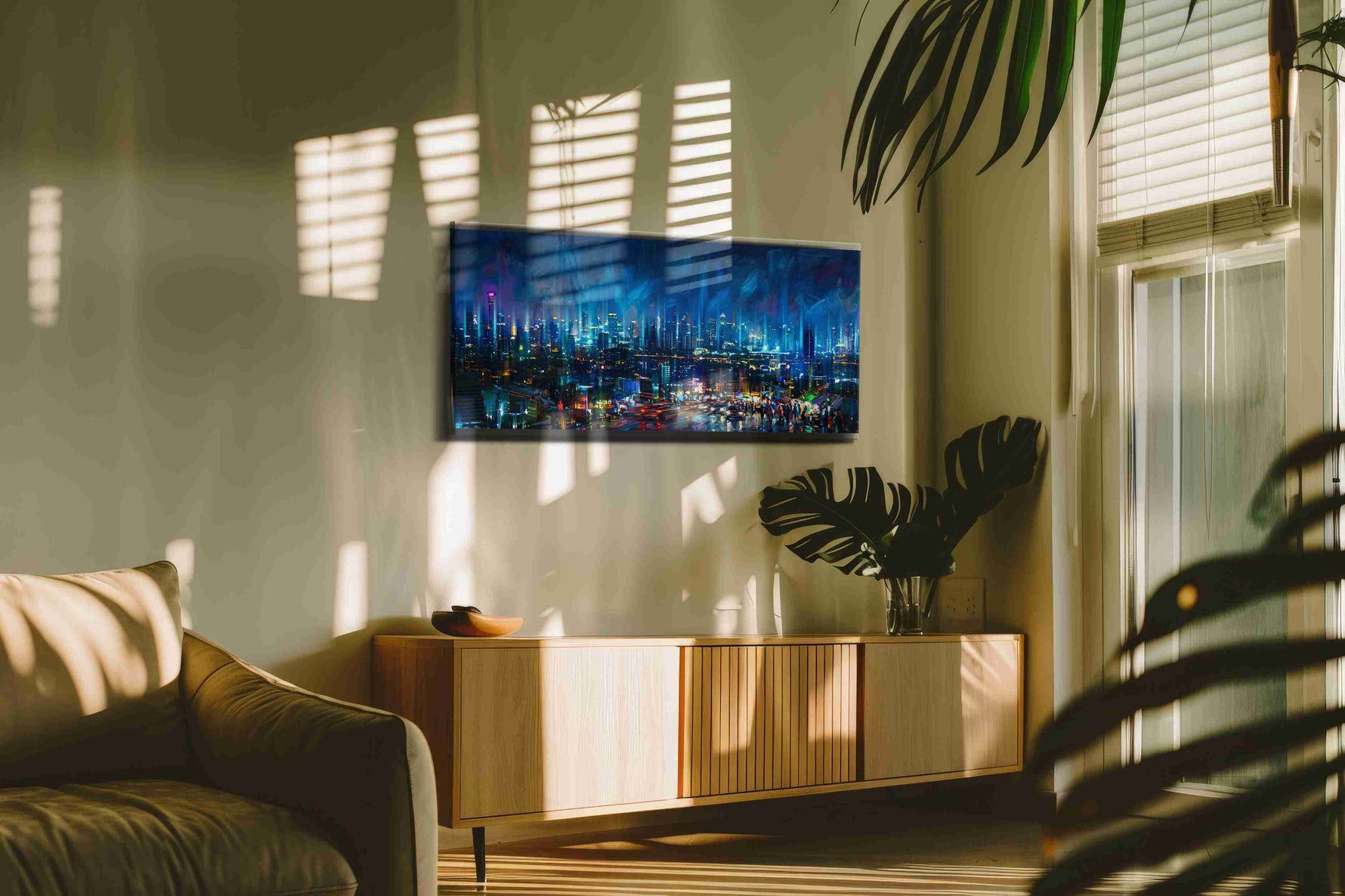 Neon Symphony Skyline – urban canvas wall art, gallery-wrapped, ready to hang