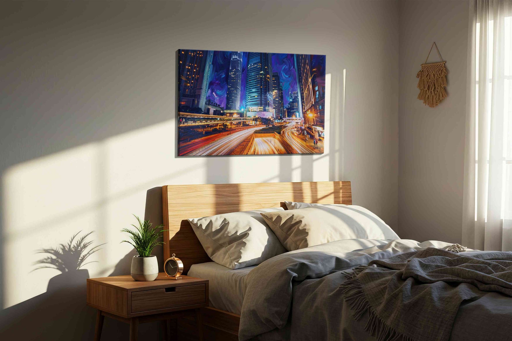 Neon Symphony Urban Nocturne urban canvas print, displayed in a bedroom