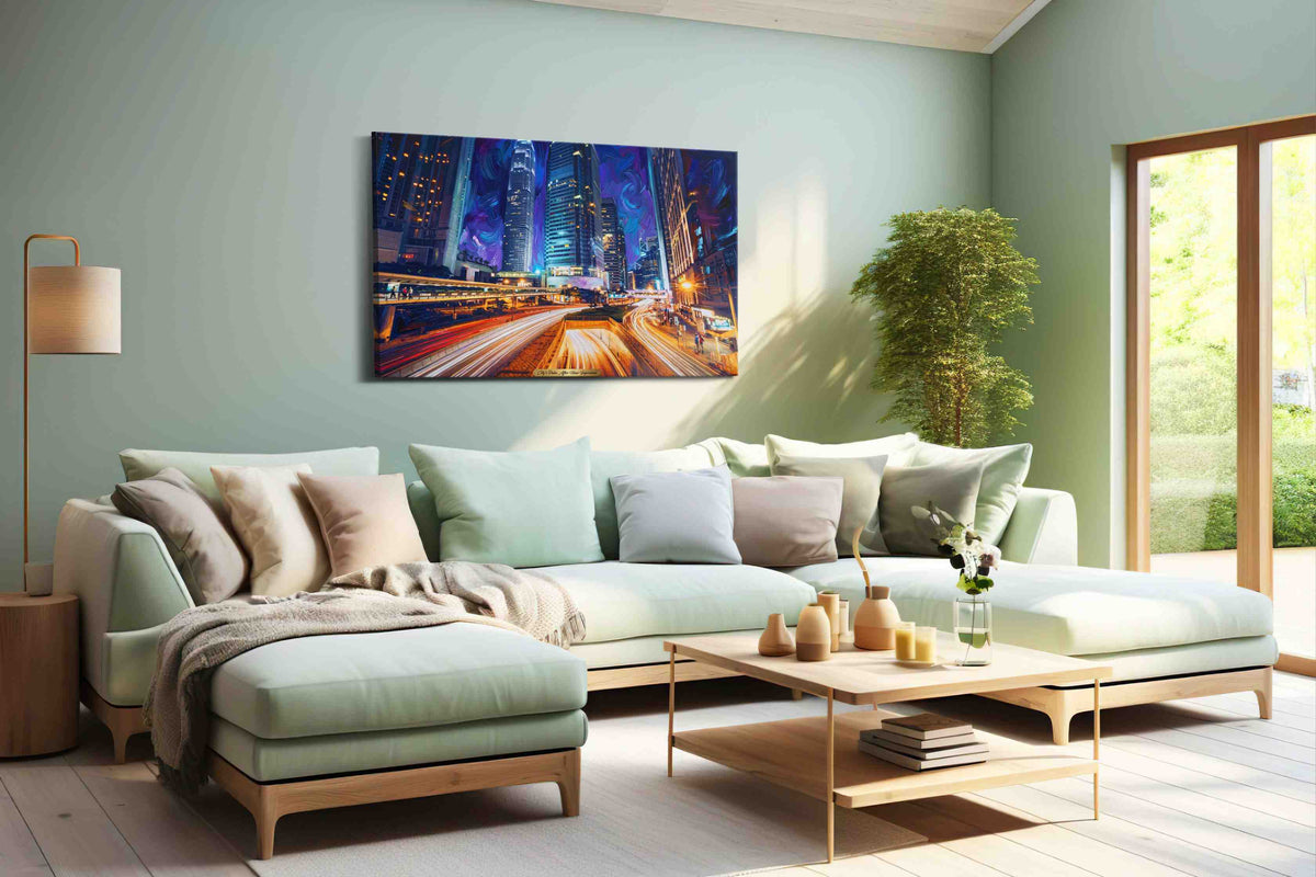 Neon Symphony Urban Nocturne urban canvas print shown in a wall scene