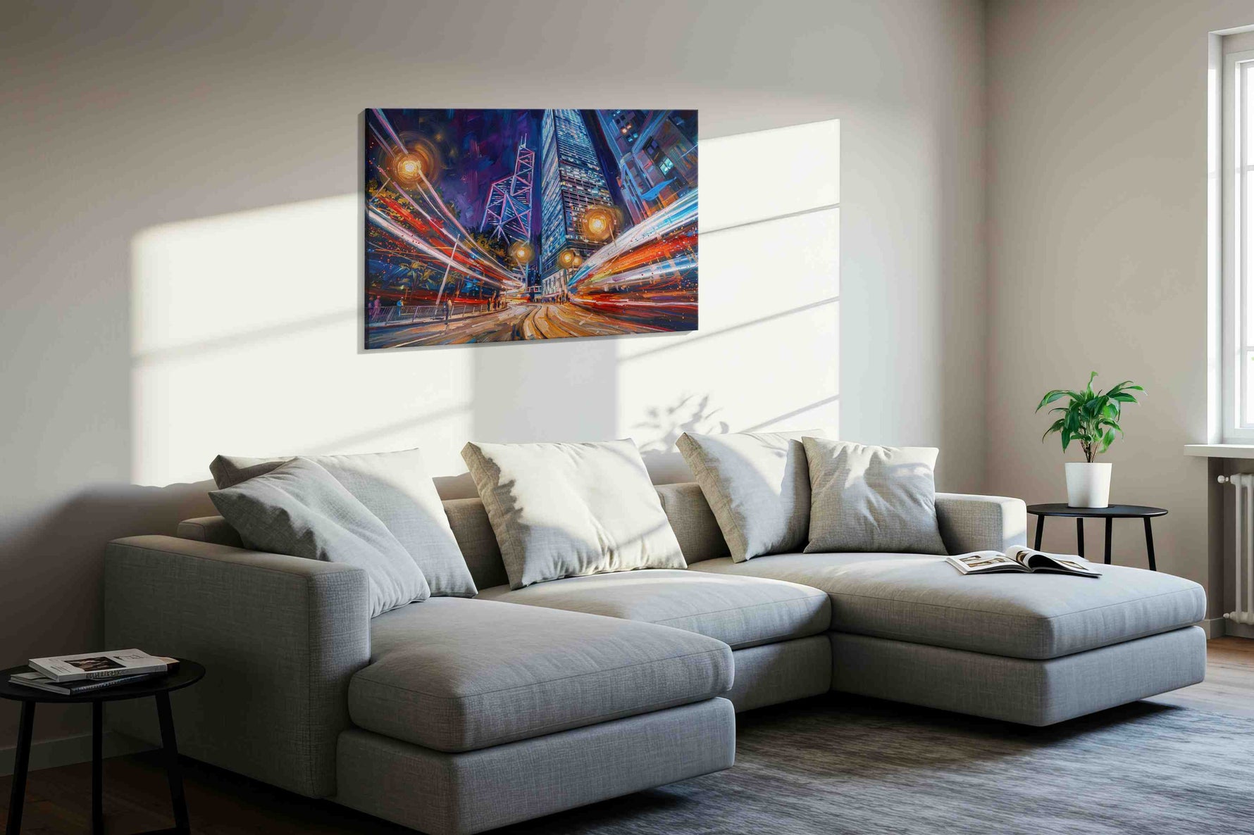 Neon Symphony in Motion urban canvas print in a living room scene