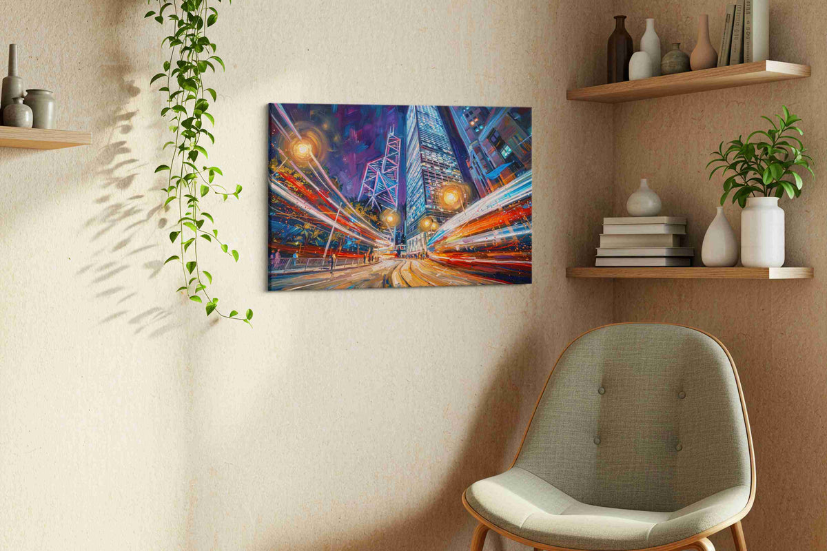 Neon Symphony in Motion urban canvas print, displayed in a living room