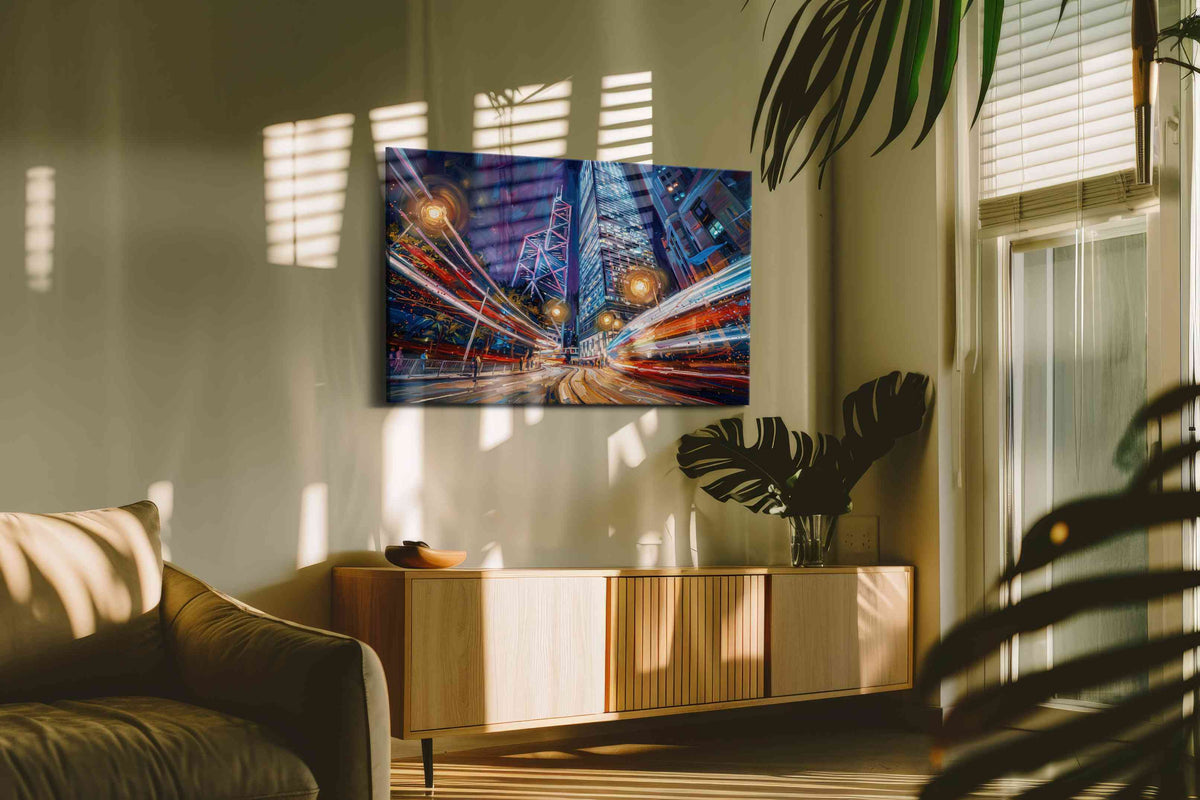 Neon Symphony in Motion urban canvas print, on wall, lifestyle preview
