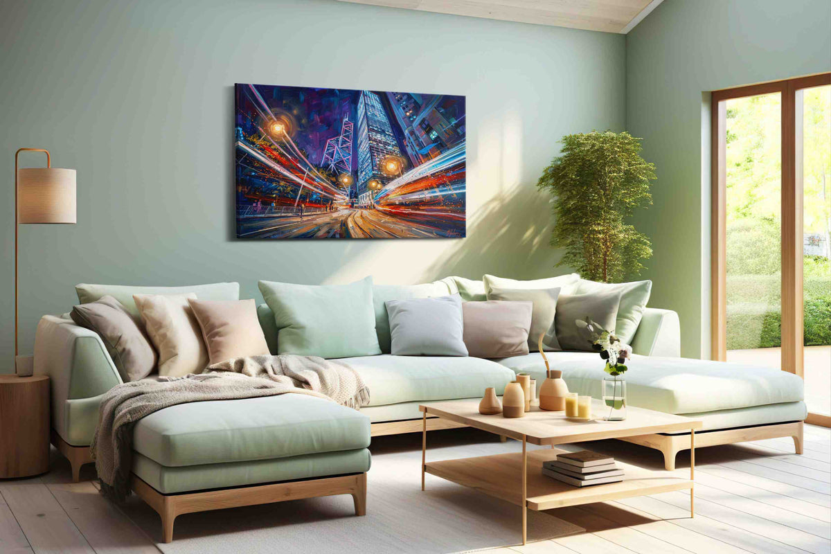 Neon Symphony in Motion urban canvas print, hanging on wall