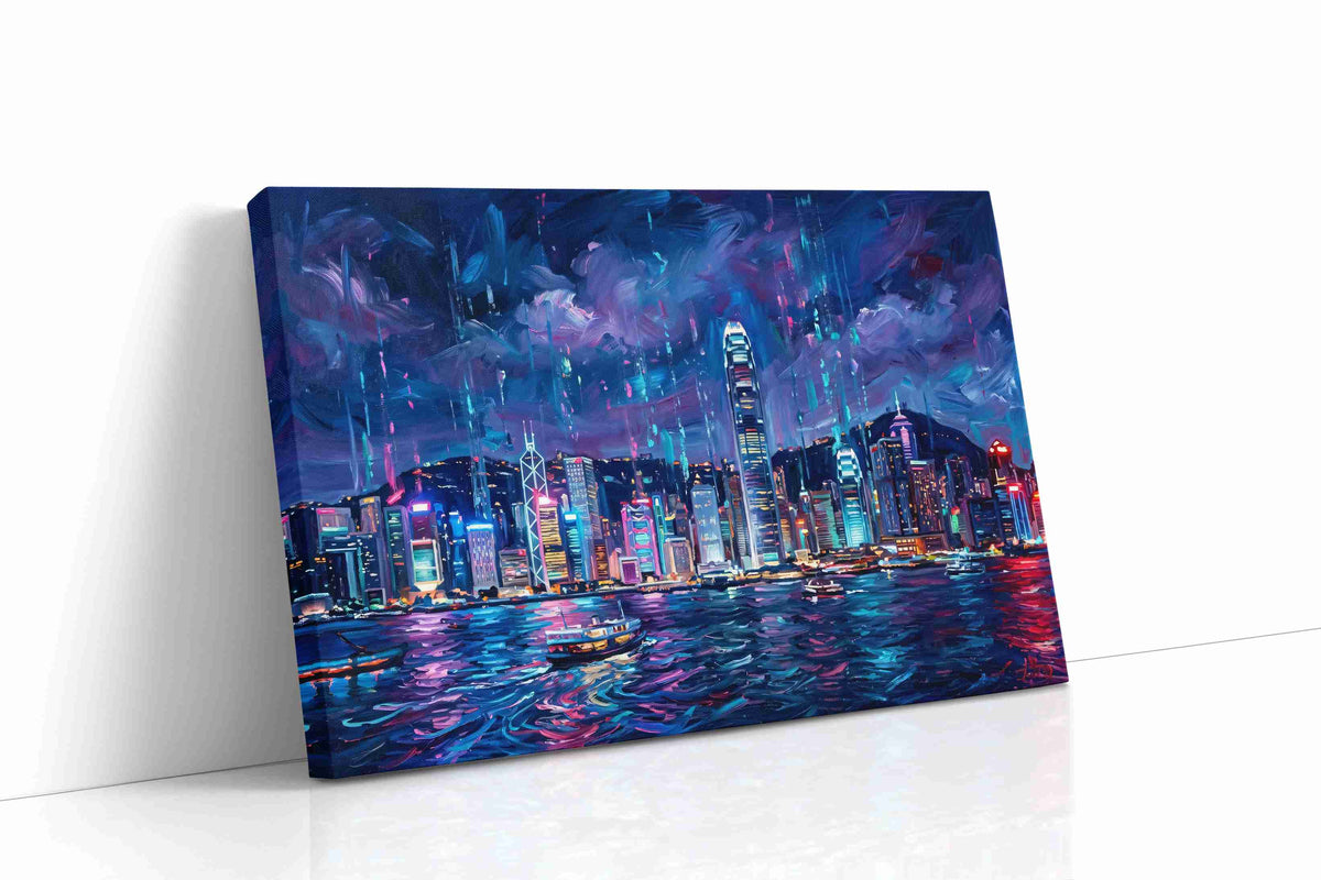Neon Symphony over the Harbor urban canvas print gallery-wrapped landscape canvas studio shot