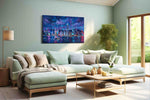 Neon Symphony over the Harbor urban canvas print shown in a wall scene