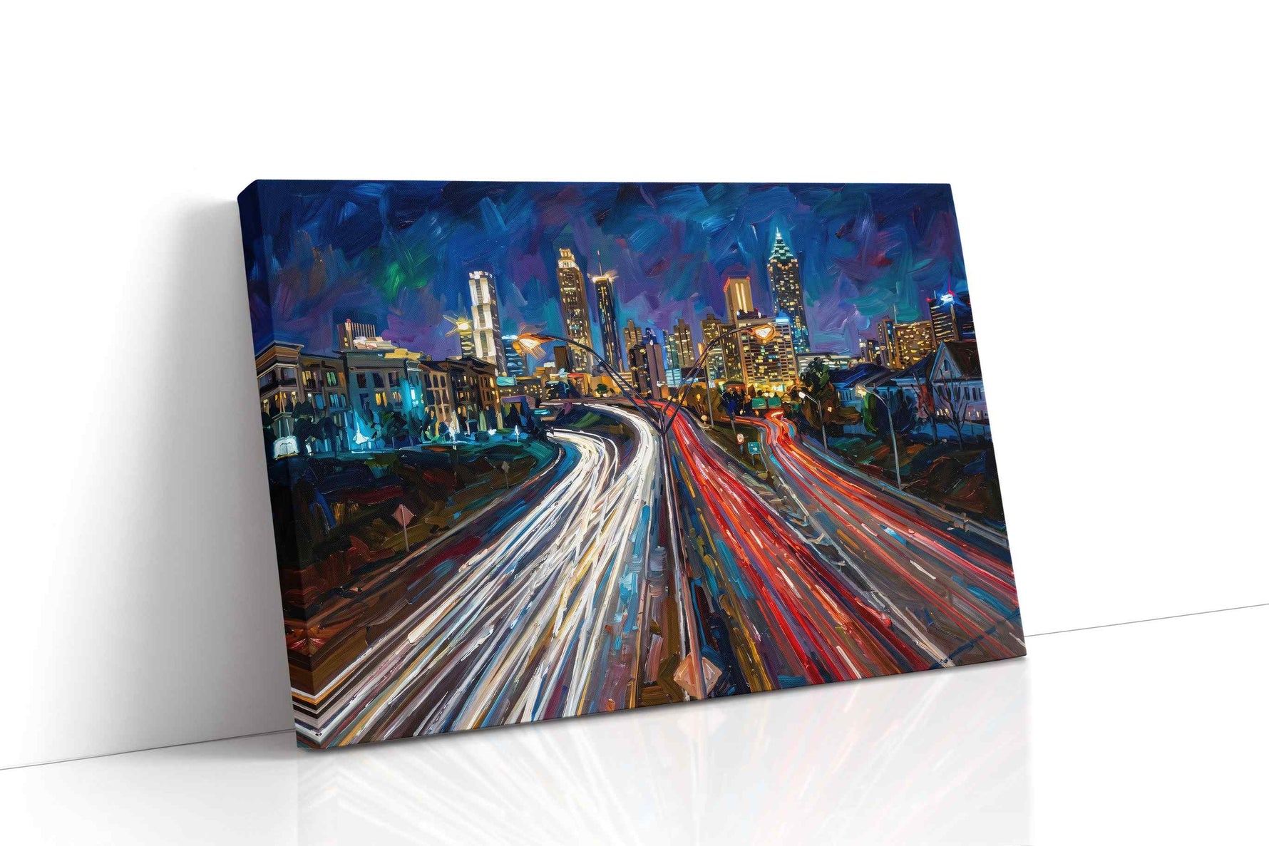 Neon Trails of the Cityscape urban canvas print gallery-wrapped landscape canvas studio shot