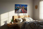 Neon Trails of the Cityscape urban canvas print, displayed in a bedroom