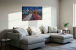 Neon Trails of the Cityscape urban canvas print, displayed in a living room