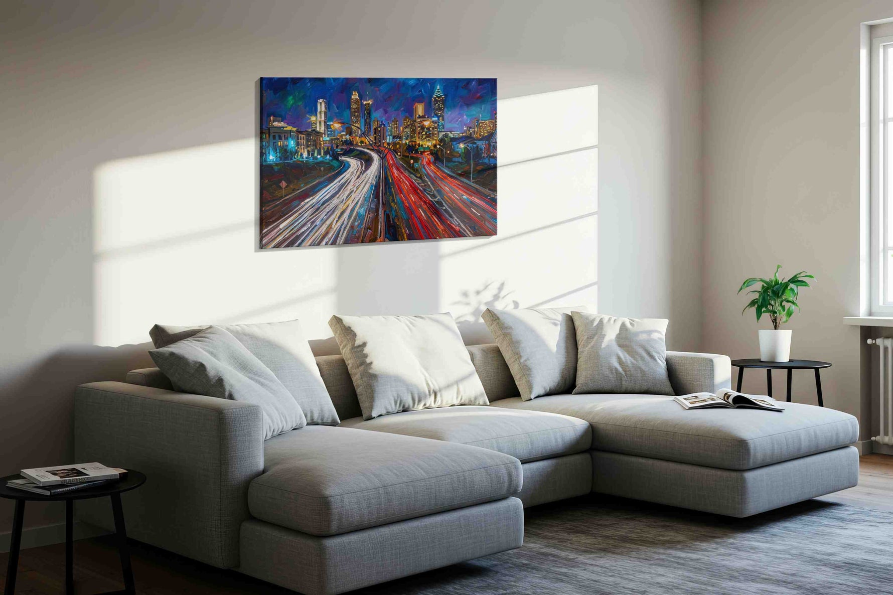 Neon Trails of the Cityscape urban canvas print, displayed in a living room