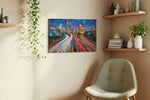 Neon Trails of the Cityscape urban canvas print, hanging on wall — view 3