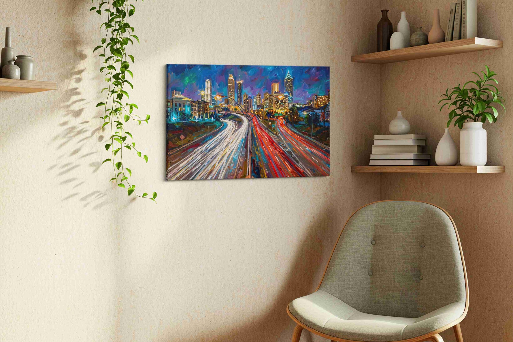 Neon Trails of the Cityscape urban canvas print, hanging on wall — view 3