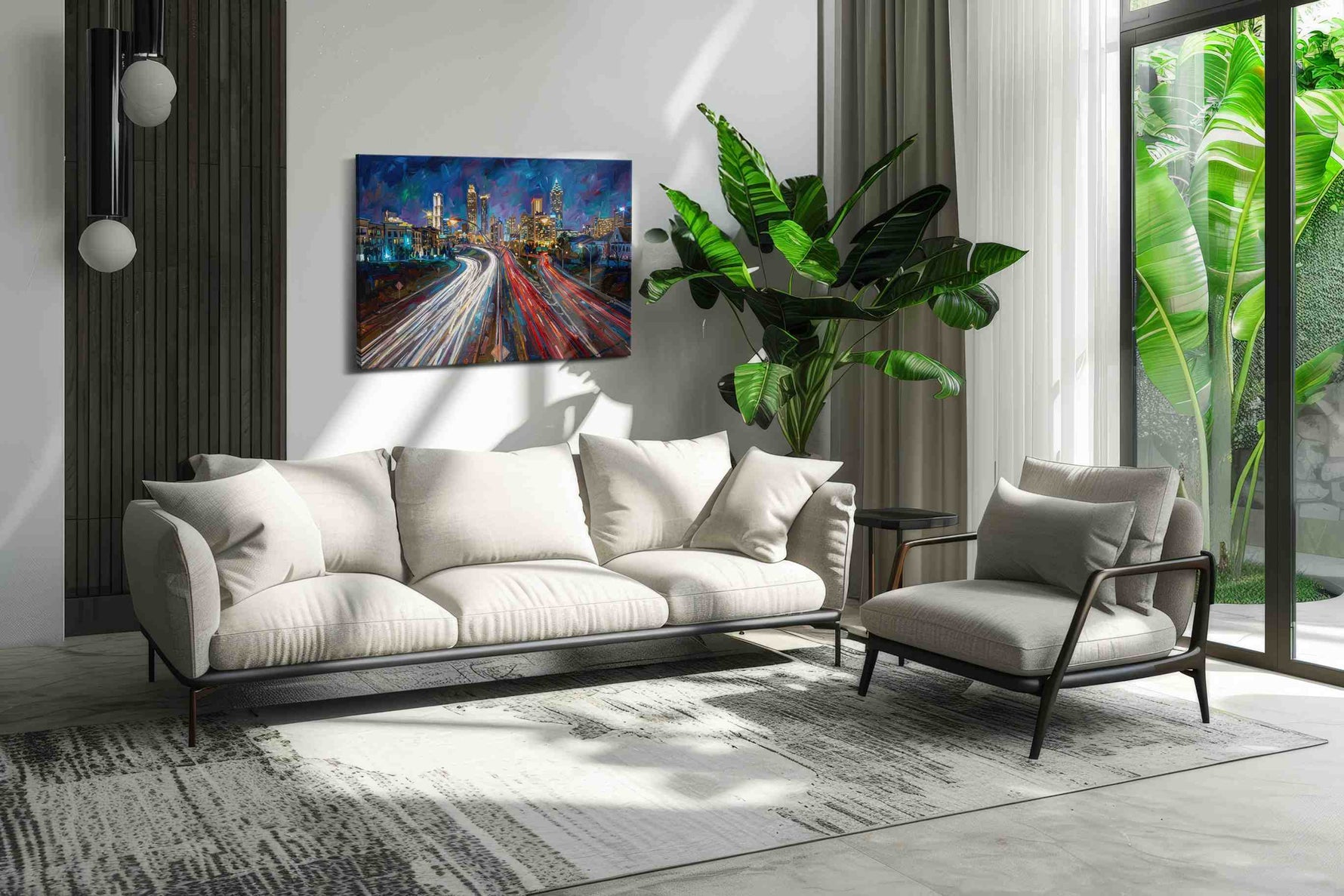 Neon Trails of the Cityscape urban canvas print, hanging on wall