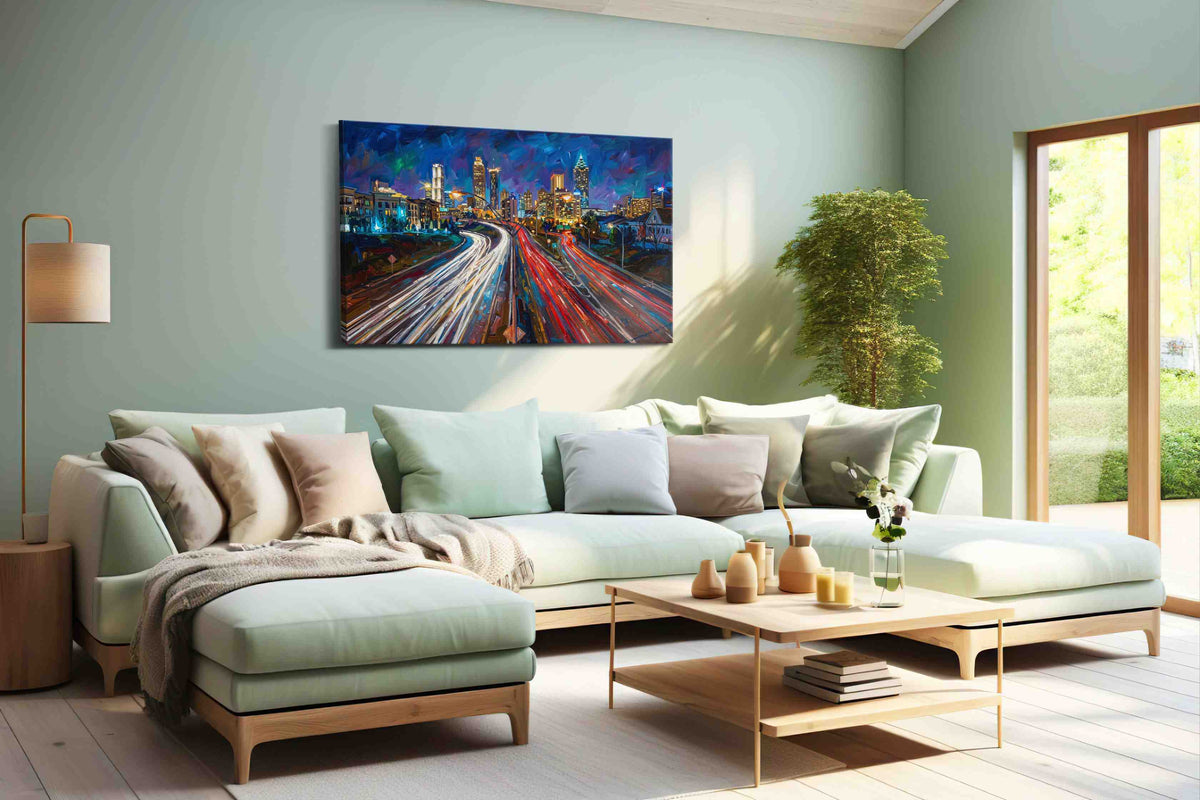 Neon Trails of the Cityscape – urban canvas wall art, gallery-wrapped, ready to hang