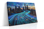 Neon Waves of the Metropolis – urban canvas wall art, gallery-wrapped, ready to hang